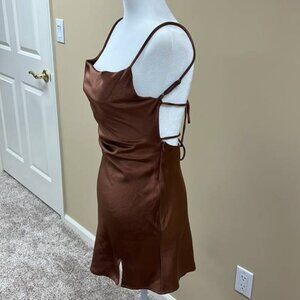 Shein Brown Cowl Neck Slit Dress with Tie Back size S